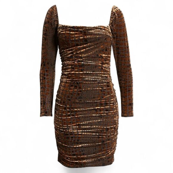 NWT Leith Ruched Velour Mini Dress Reptile Croc Burnout Velvet Brown - Picture 1 of 7